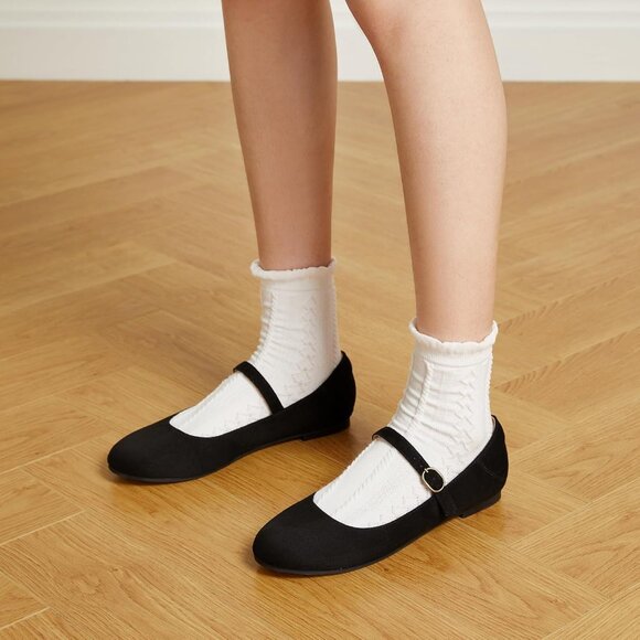 Trary Women Black Suede Leather Round Toe Ankle Strap Ballet Flats Shoes - Picture 3 of 6